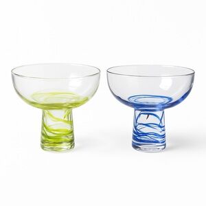 Hand-Blown Art Glass Dessert Cocktail Coupes – Swirl Stem Pedestal Blue & Green